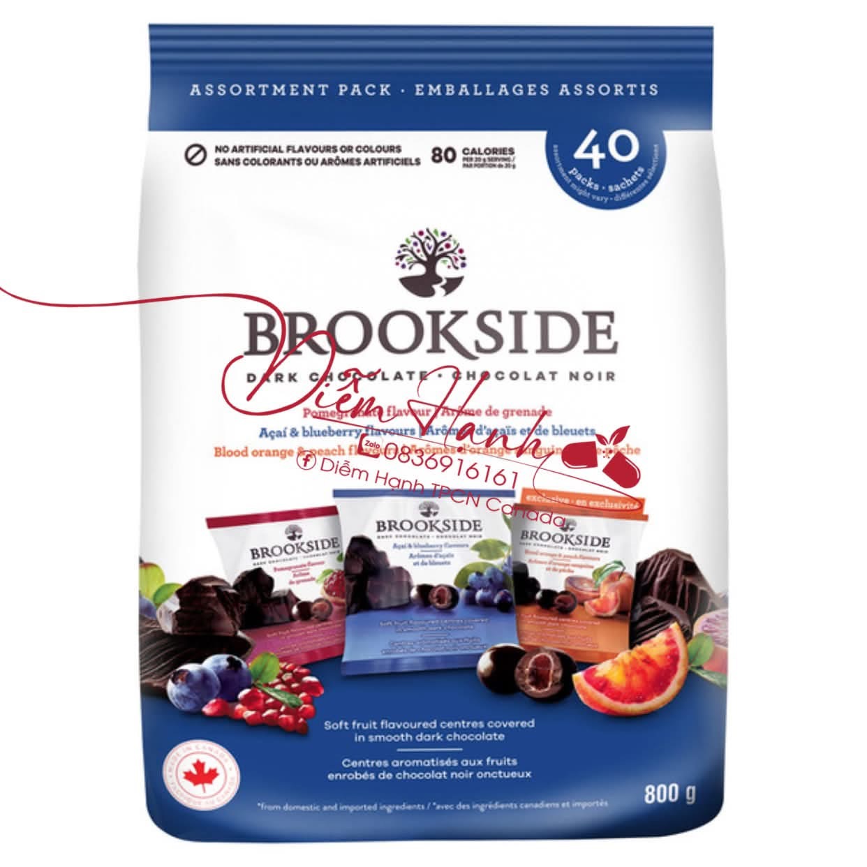 Brookside Dark Chocolate - socola đen nhân trái cây gồm 3 vị - gói 800g gồm 40 gói*20 gram