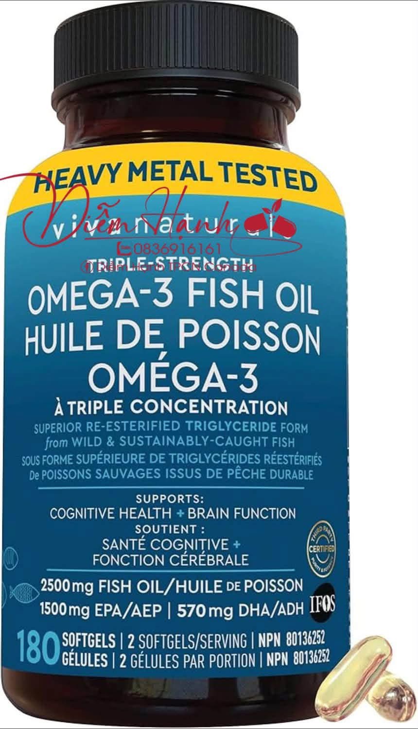 Triple Strength Omega 3 fish oil dạng triglyceride (rTG) - Dầu cá hàm lượng cao 2500mg - Viva Naturals - 180 viên